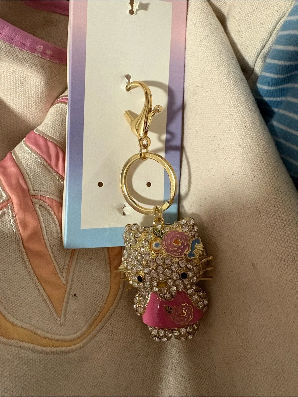 Gold Crystal Hello Kitty Keychain with Pink Accents
